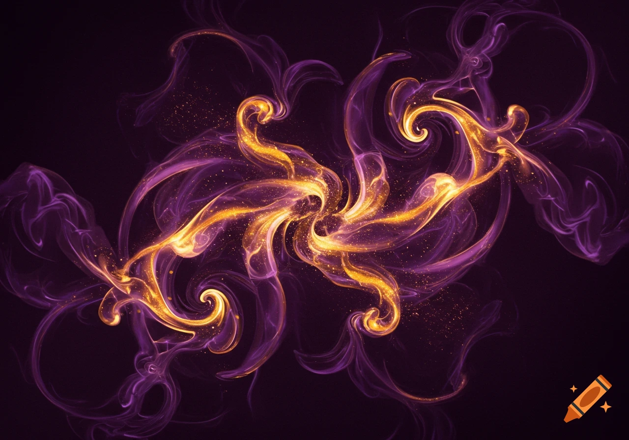 Swirling purple and gold smoke with glittering particles on a dark background.