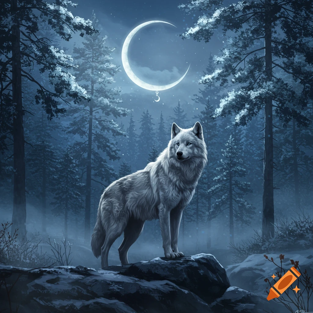 A majestic white wolf stands on a snow-covered rock in a mystical winter forest under a large crescent moon.