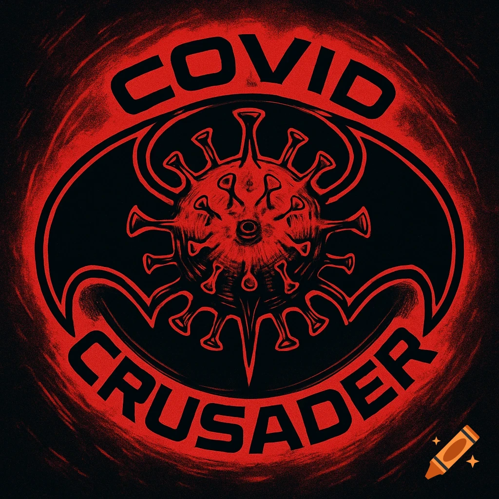 A red and black comic book style logo featuring a stylized COVID-19 virus symbol within a Batman-like emblem, with the words "COVID CRUSADER" arced above and below.