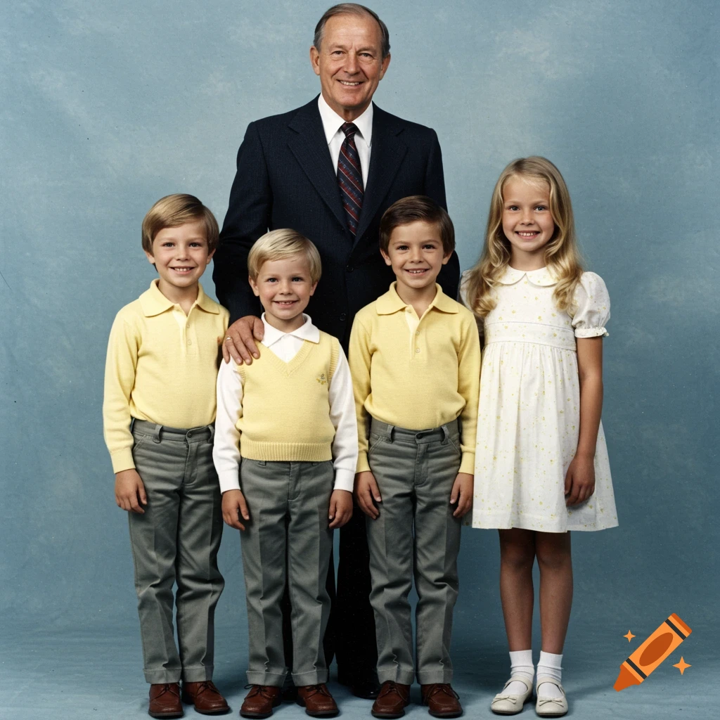 A man in a suit with four smiling children (three boys and one girl) standing in a 1970s-style family portrait against a blue background.