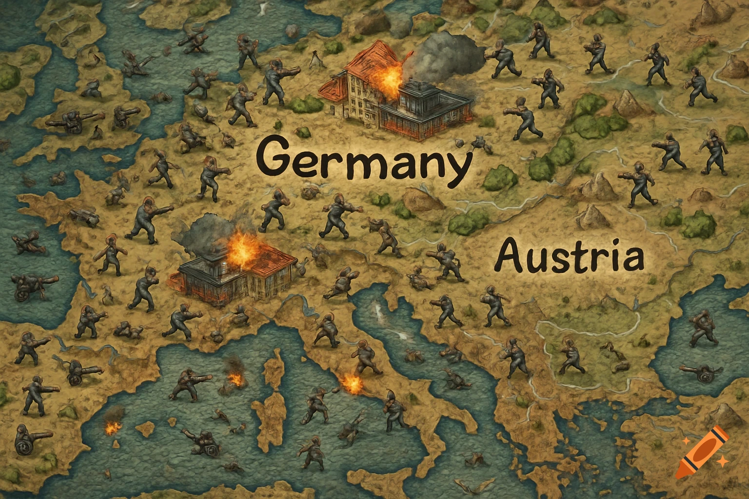 An old-style map of Europe, specifically Germany and Austria, covered with stylized soldiers, cannons, and burning buildings, depicting a war scene.