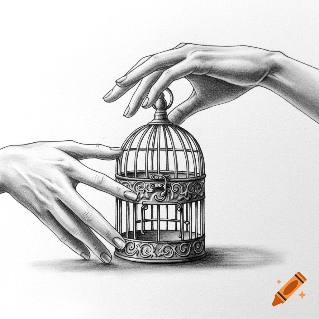 Detailed black and white pencil drawing of two hands reaching towards an ornate birdcage.