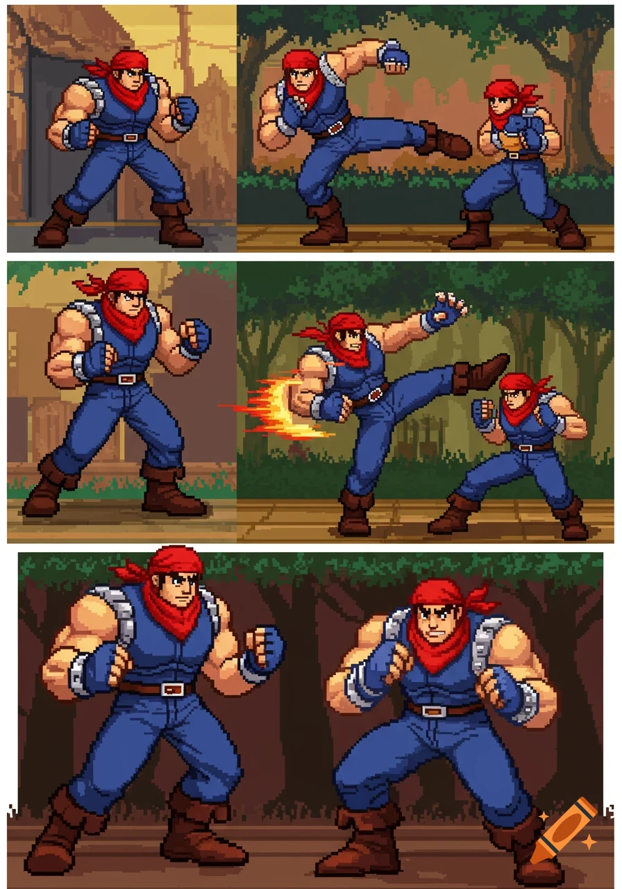 8-bit pixel art character sheet featuring a muscular man in a red bandana and blue outfit performing various fighting moves.
