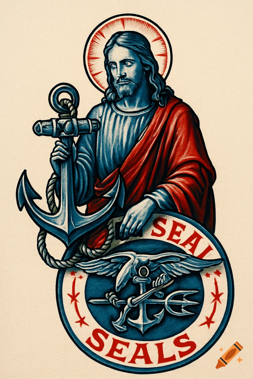 Jesus, depicted in a tattoo art style, holds a large anchor with a Navy SEALs emblem below, set against a light background. Colors are red and blue.