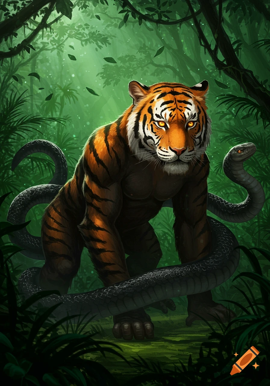A muscular, tiger-headed creature with glowing eyes stands in a dark jungle, a black snake coiled around its body.