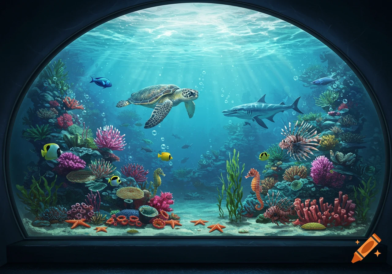 A vibrant aquarium with a sea turtle, shark, colorful fish, seahorses, starfish, and a diverse coral reef.