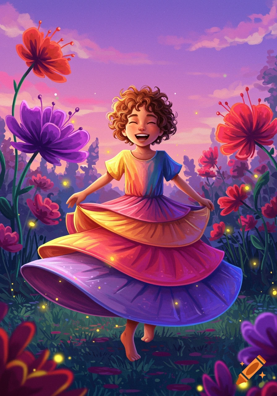 Vibrant illustration of a joyful, curly-haired child in a rainbow dress dancing amidst large colorful flowers.