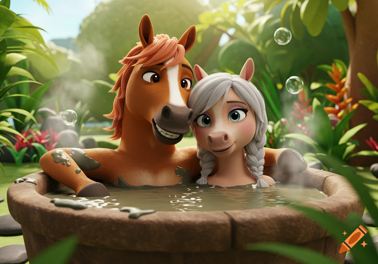 Two anthropomorphic cartoon horses, one brown and one white-maned, relax happily in a muddy hot tub in a lush jungle setting, 3D animation style.