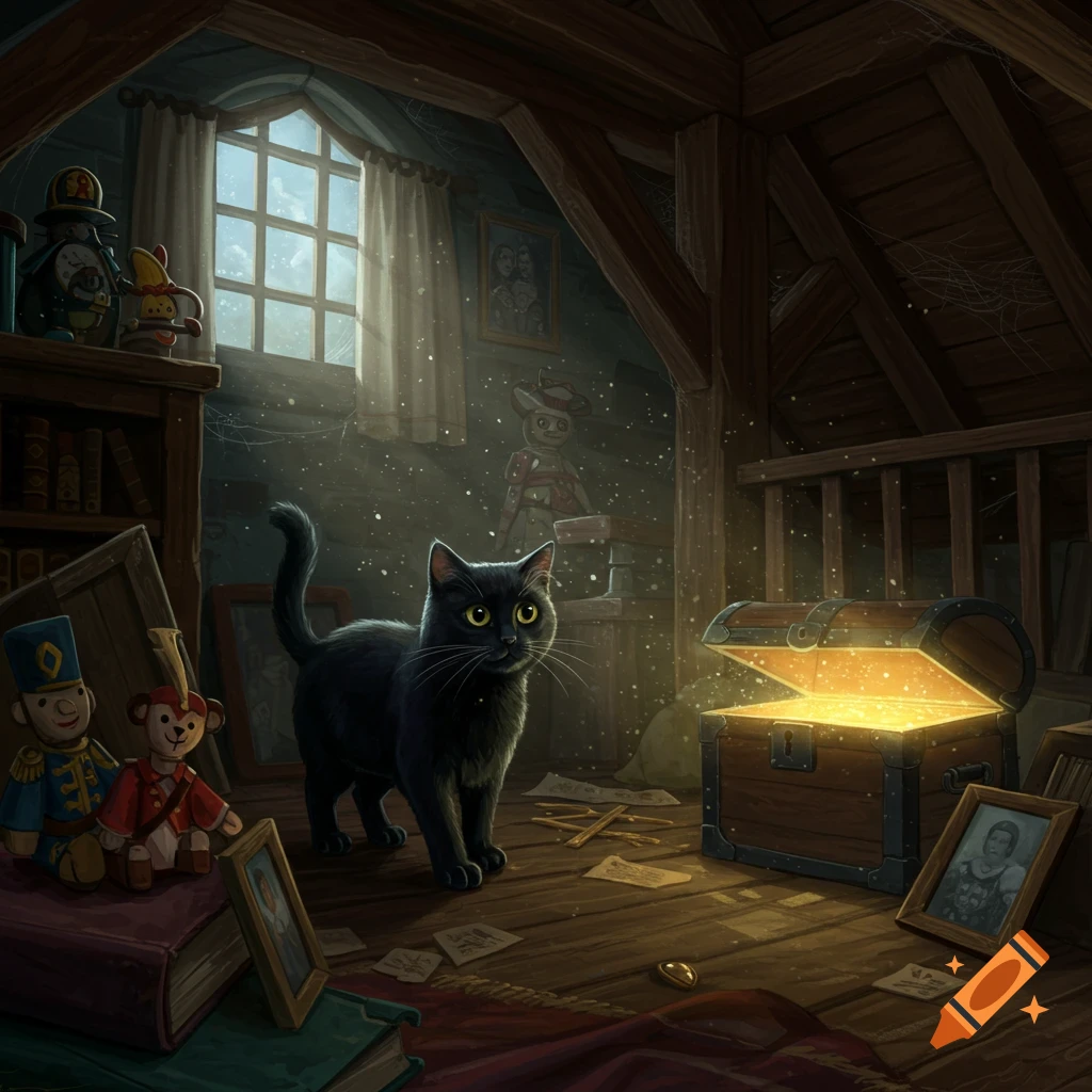 A black cat with bright green eyes stands in a dusty attic, gazing at an open, glowing treasure chest. Sunlight filters through a window.