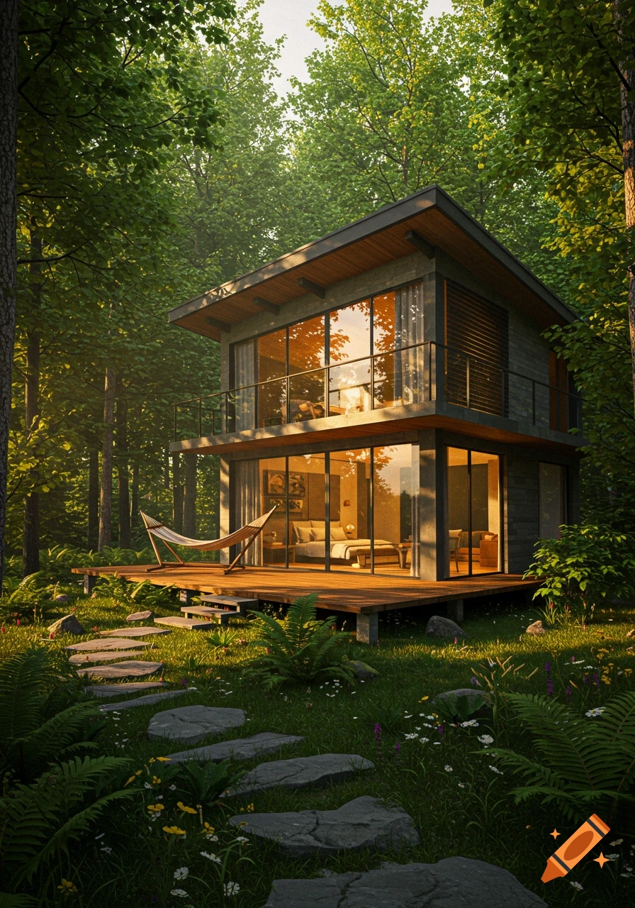 Photorealistic modern two-story house with large windows and a wooden deck, set in a lush green forest with a stone path.