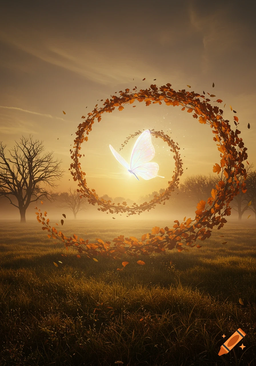 A glowing white butterfly is surrounded by a spiral of autumn leaves in a misty, golden field at sunset.