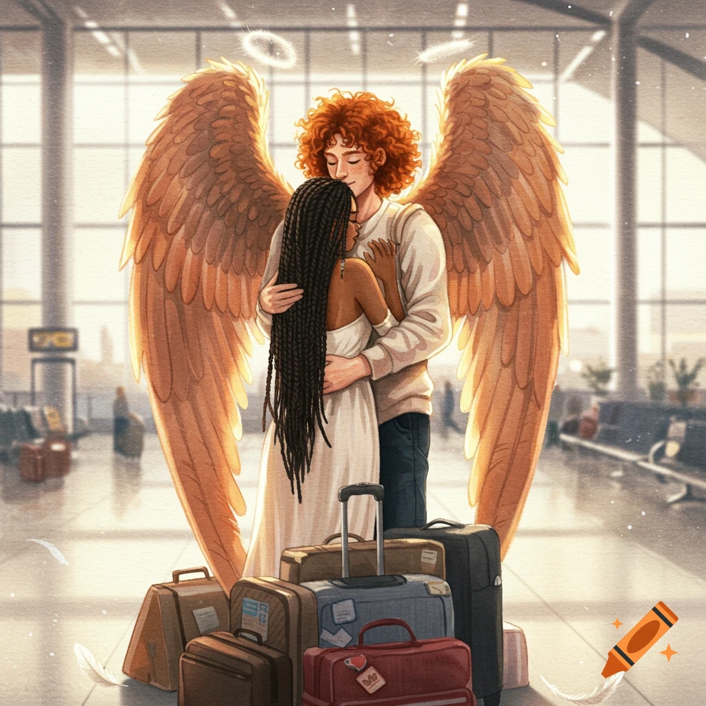 Watercolor illustration of a ginger-haired man with angel wings hugging a woman with long braids in an airport, surrounded by luggage.