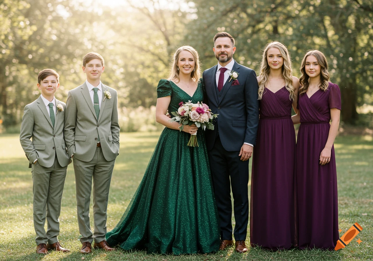 A smiling family of six, dressed in formal green, navy, and plum attire, poses for a photorealistic portrait outdoors in a sunny, tree-filled setting.