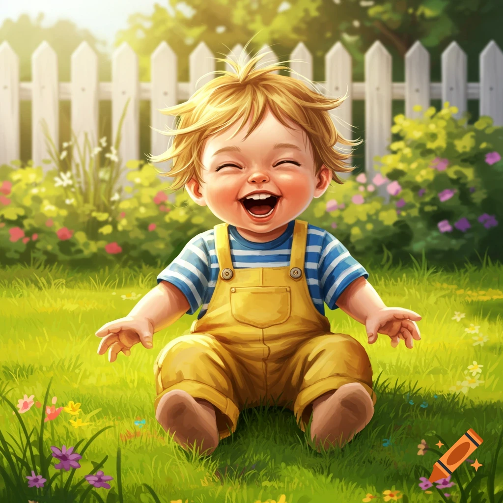 A cheerful cartoon baby with blonde hair and yellow overalls sits in a sunny green garden surrounded by flowers and a white fence.