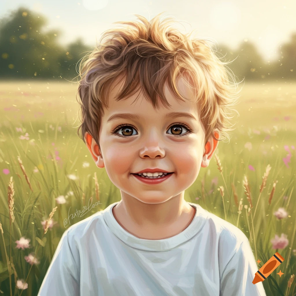 A smiling young boy with curly brown-blonde hair and big brown eyes, standing in a sunny field of wildflowers.