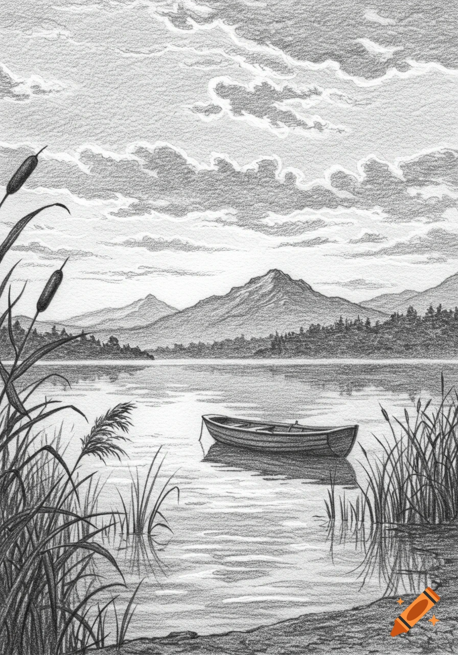 Pencil sketch of a serene lake with a small boat, surrounded by mountains and foreground reeds under a cloudy sky.
