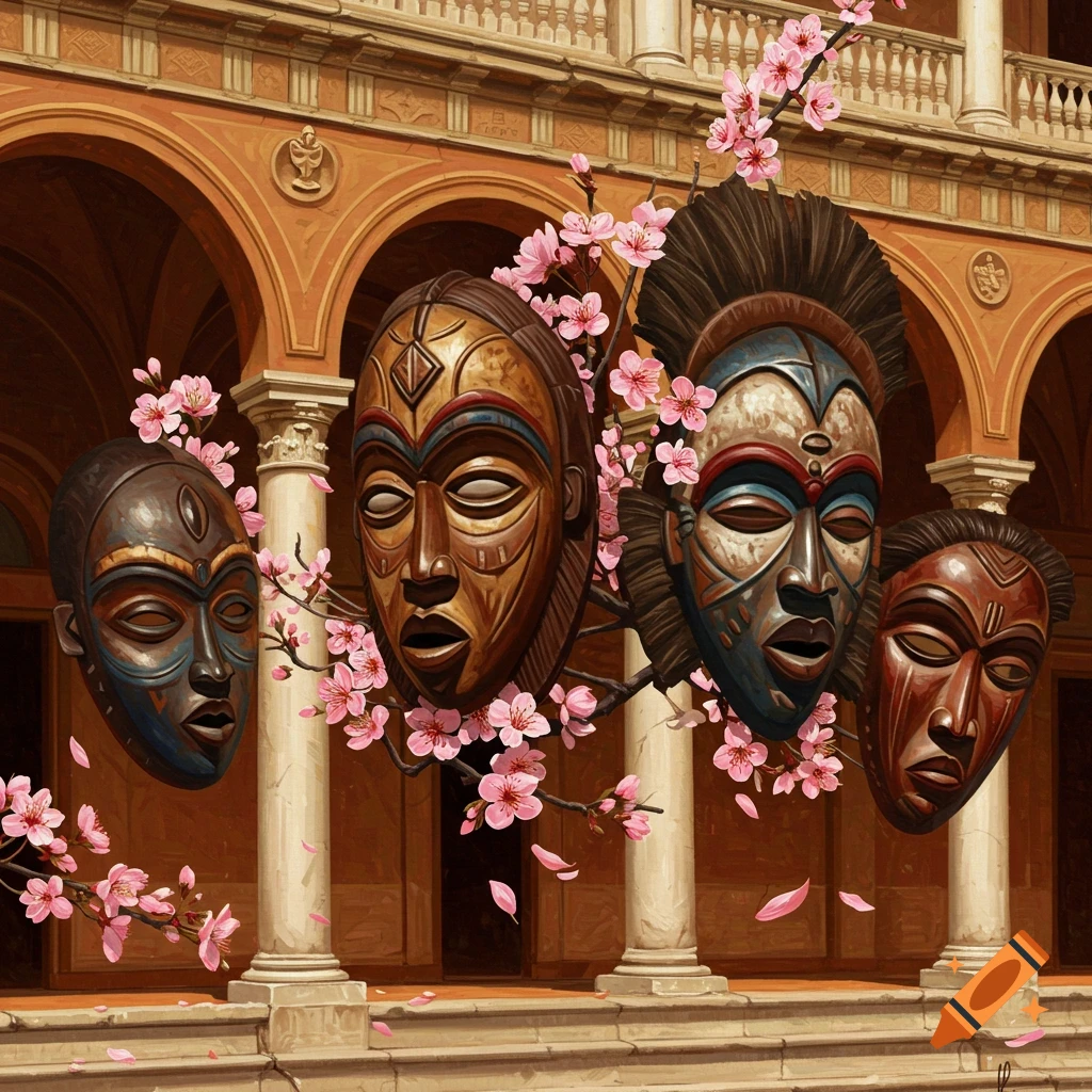 Four African tribal masks adorned with pink cherry blossoms, set against grand Renaissance architecture in a vibrant artwork.