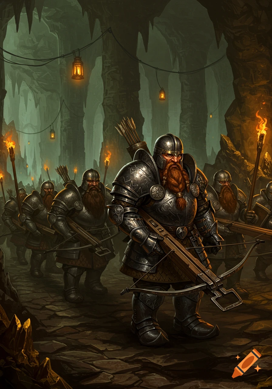Fully-armed and armored dwarven crossbowmen with long beards marching through a dark, lantern-lit cave.