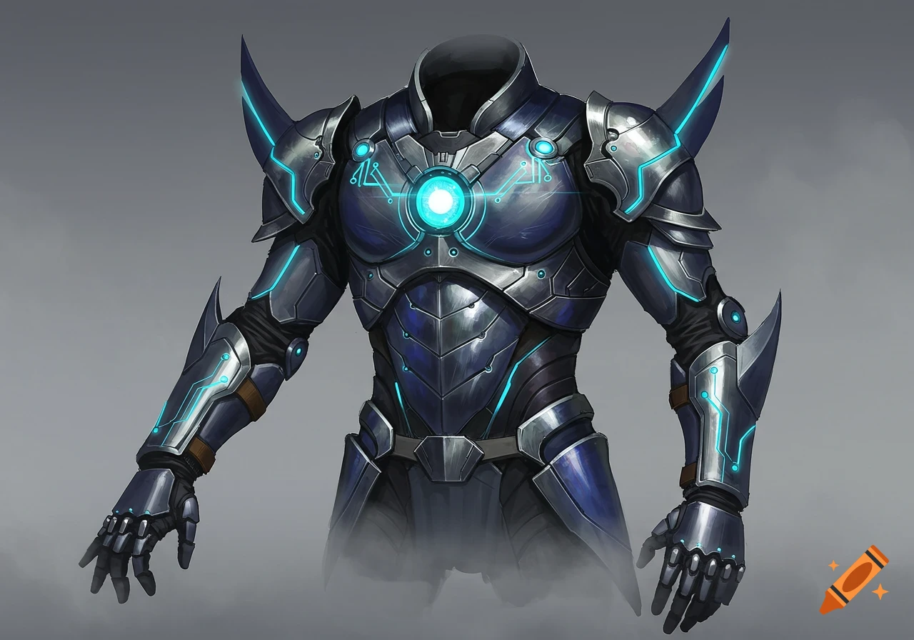 A futuristic blue and silver armored suit with glowing circuit-like patterns, against a gray background.