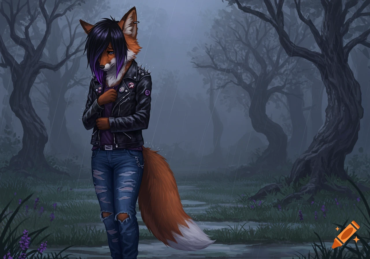 An emo fox girl with dark hair and a leather jacket stands sadly in a rainy, misty forest.