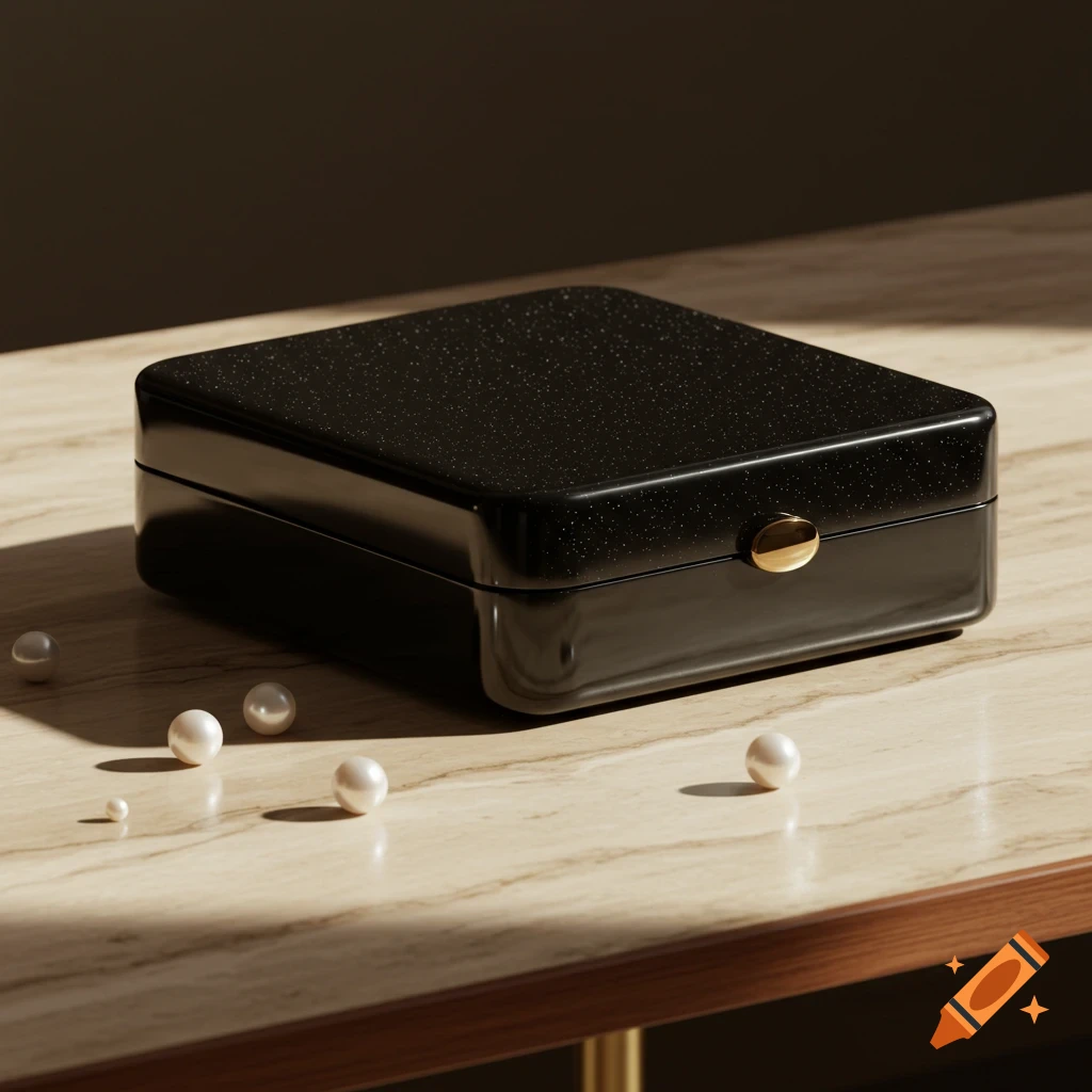 A black jewelry box with a gold clasp and speckled lid on a marble table, with scattered white pearls. Photorealistic.