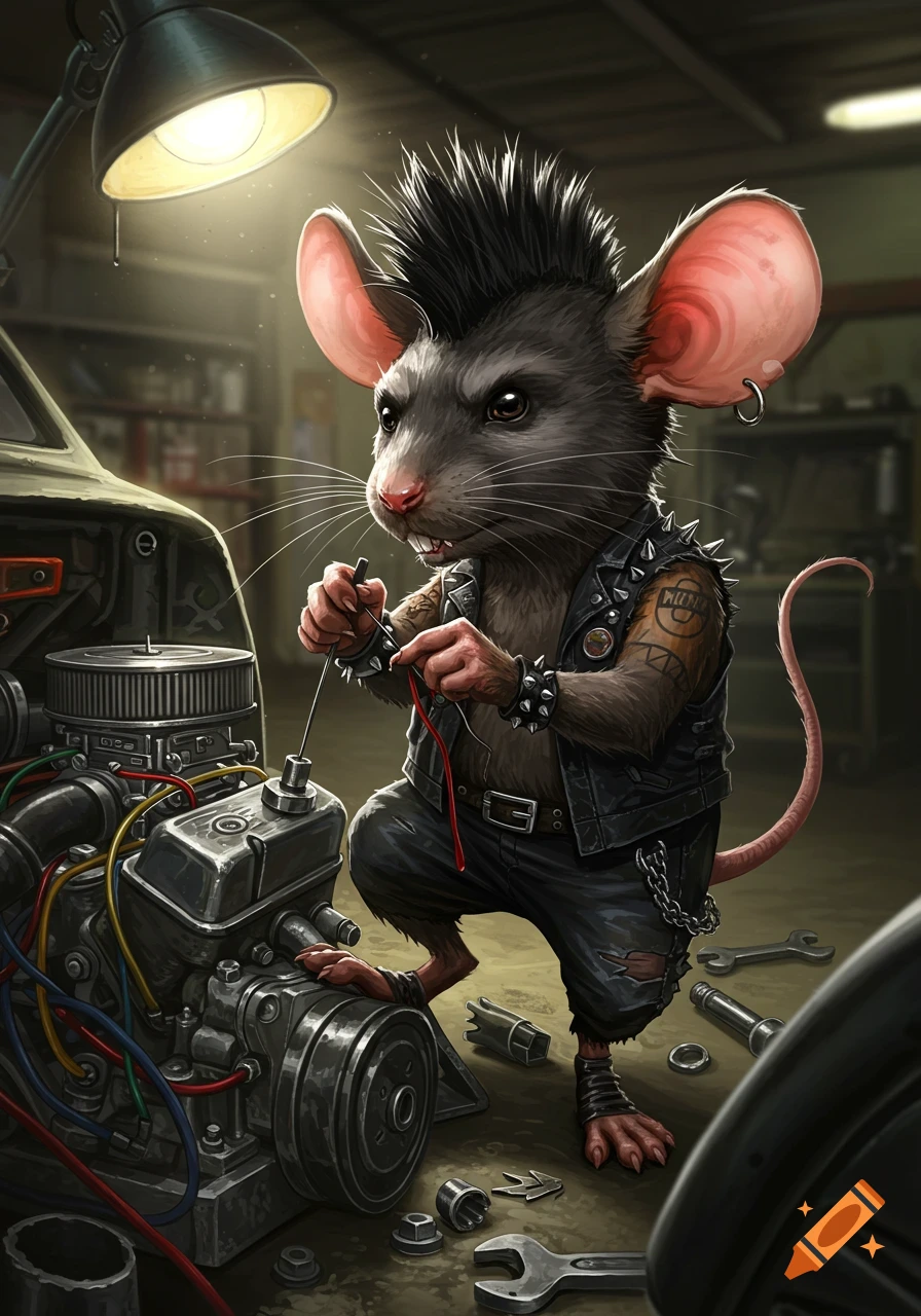 A punk rock mouse with a mohawk and leather vest works intently on a car engine in a dimly lit garage.