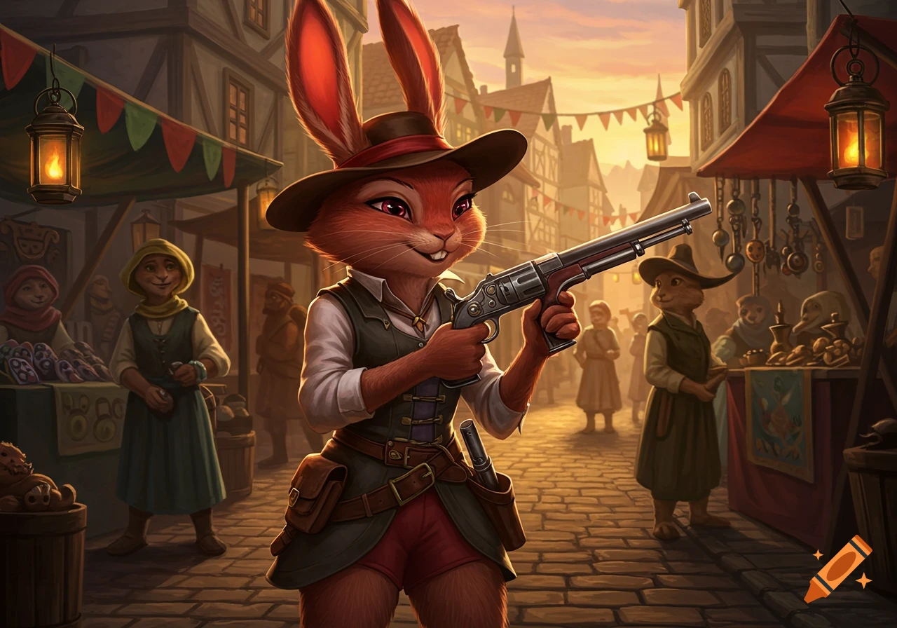 A confident anthropomorphic rabbit in a hat and vest holds a pistol in a bustling fantasy market at sunset.