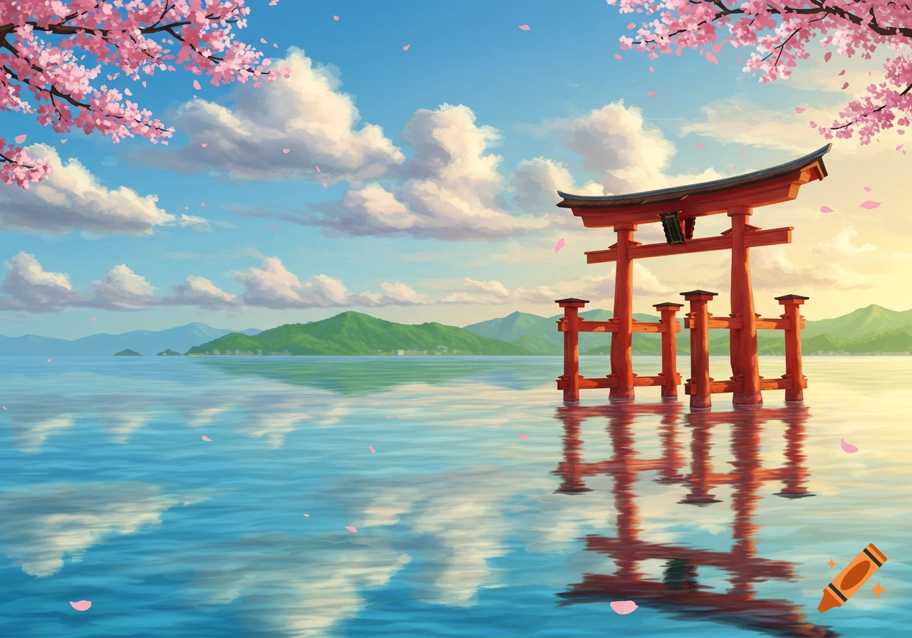 Anime-style Japanese landscape with a red torii gate standing in calm water, surrounded by mountains, under a blue sky with white clouds and pink cherry blossoms.