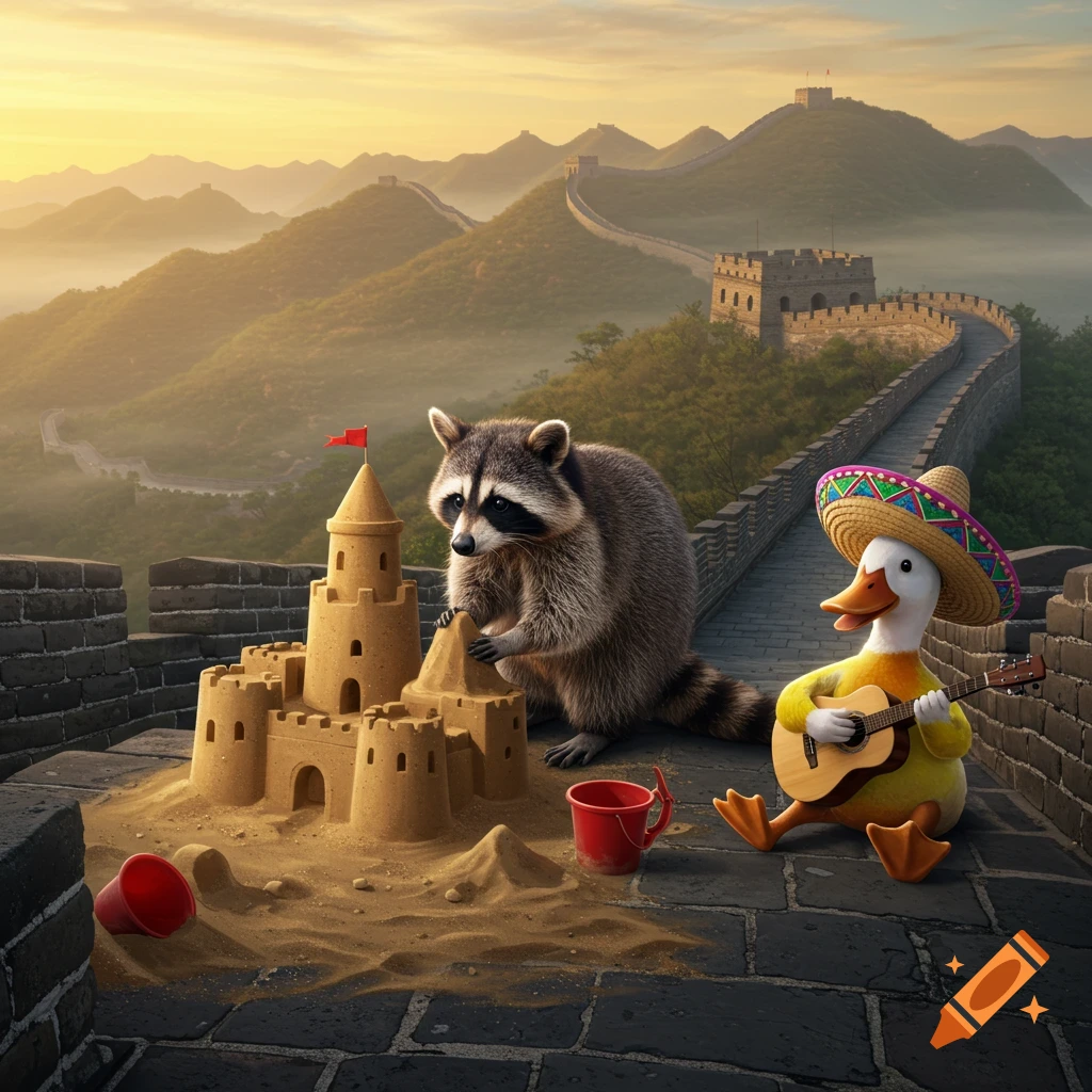 A photorealistic image of a raccoon building a sandcastle on the Great Wall of China, next to a duck wearing a sombrero and playing a guitar.
