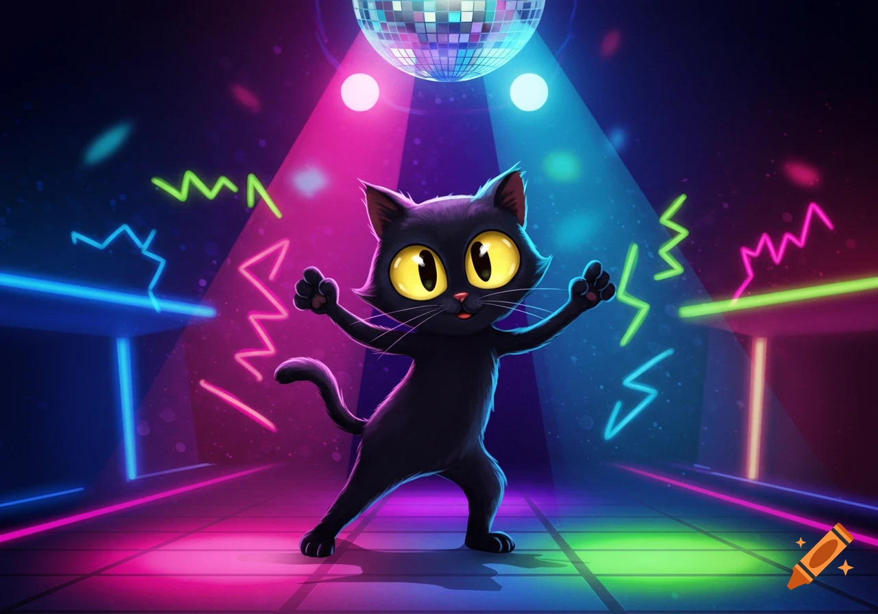 A black cartoon cat with big yellow eyes dances under a disco ball and neon lights.