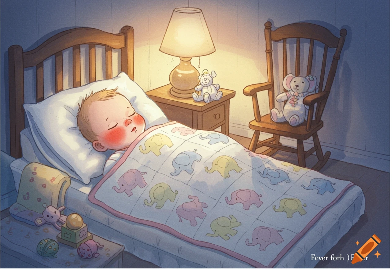 An illustration of a baby sleeping peacefully in a bed with an elephant-patterned quilt, a lamp on a nightstand, and a rocking chair with a stuffed animal.