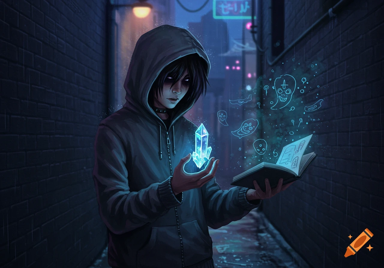 An emo kid in a gray hoodie holds a glowing blue crystal and an open book from which glowing blue morbid drawings float in a dark, rainy alley.