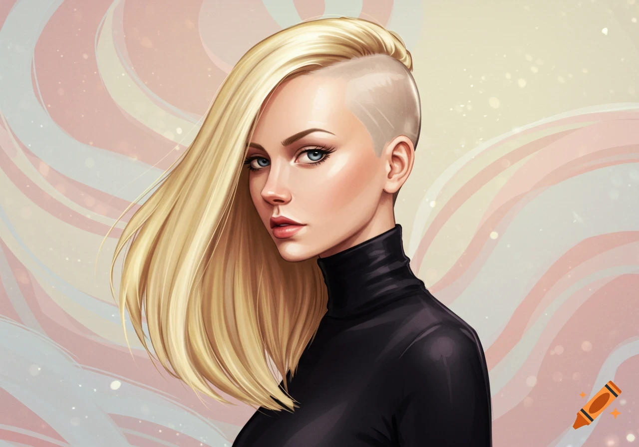 Stylized illustration of a blonde woman with a shaved undercut and long hair, wearing a black turtleneck against a pastel swirl background.