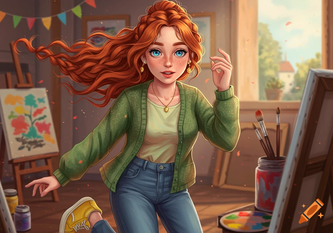 A smiling anime woman with long red hair, freckles, and blue eyes, wearing a green cardigan and jeans, in an art studio.