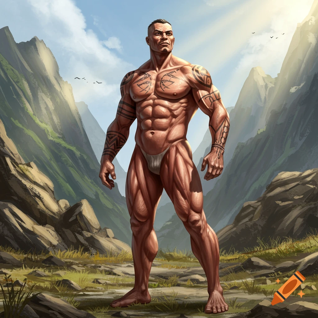 A muscular man with tattoos wearing a loincloth stands in a mountainous fantasy landscape, looking powerful and stoic.