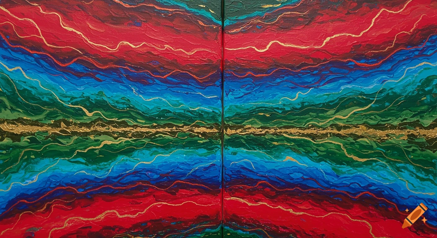 Two abstract canvases with textured wavy lines in red, blue, green, and gold.