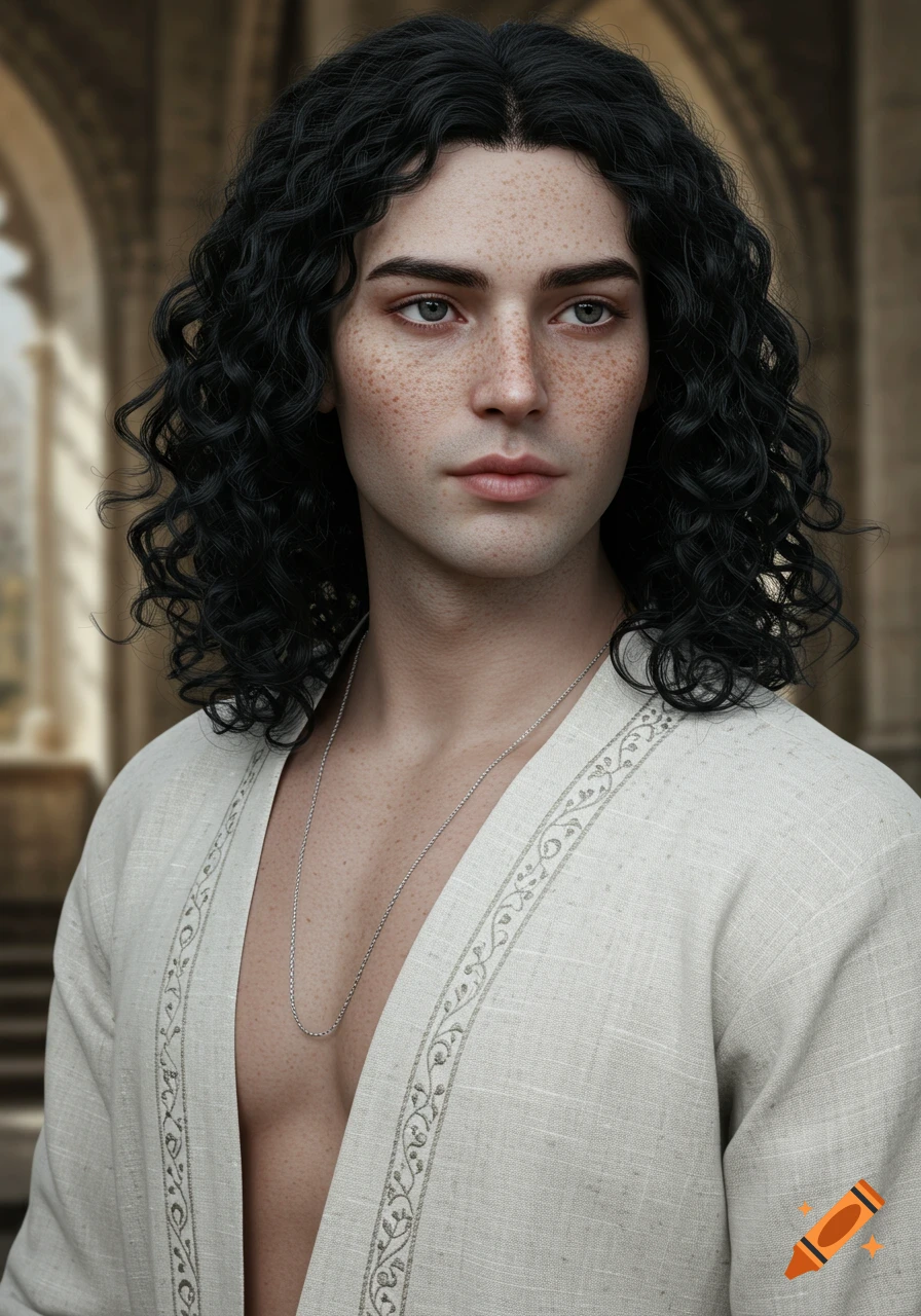 Photorealistic portrait of a young man with long, curly black hair, freckles, and soft features, wearing a white medieval tunic and a necklace.
