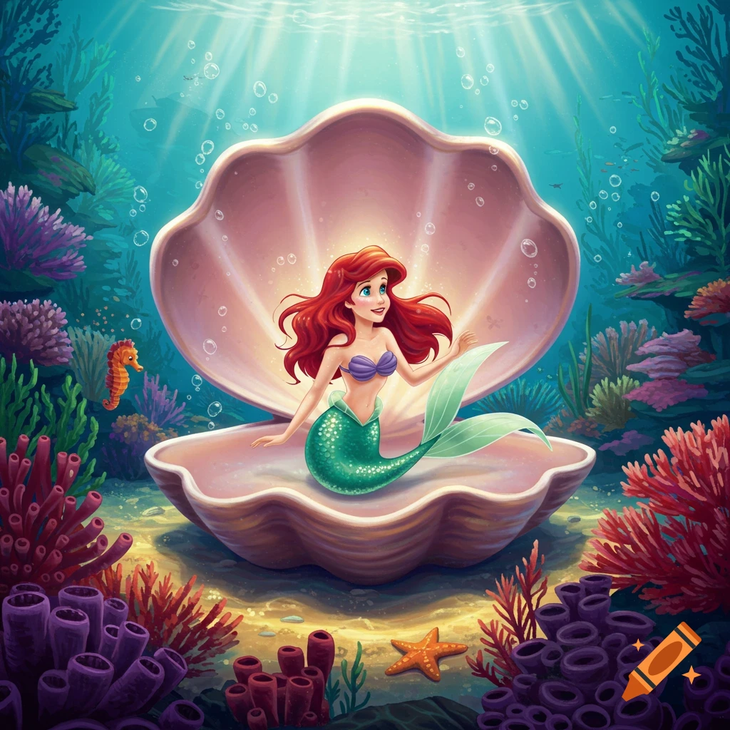 Vibrant cartoon illustration of Ariel, the Little Mermaid, with red hair and green tail, sitting in a large pink clamshell amidst a colorful coral reef.