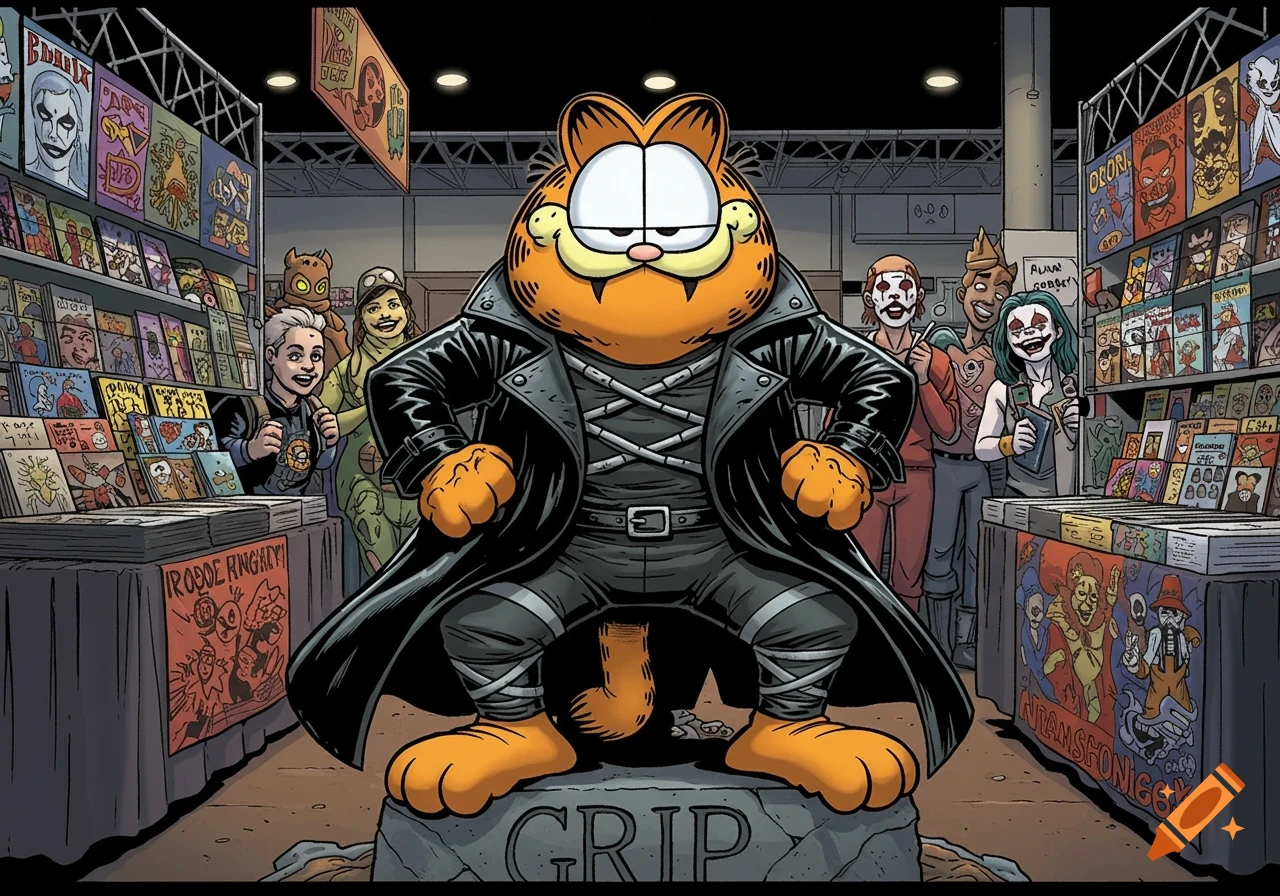 Comic panel of Garfield in a black trench coat, cosplaying as The Crow, at a vibrant comic convention with other costumed attendees.