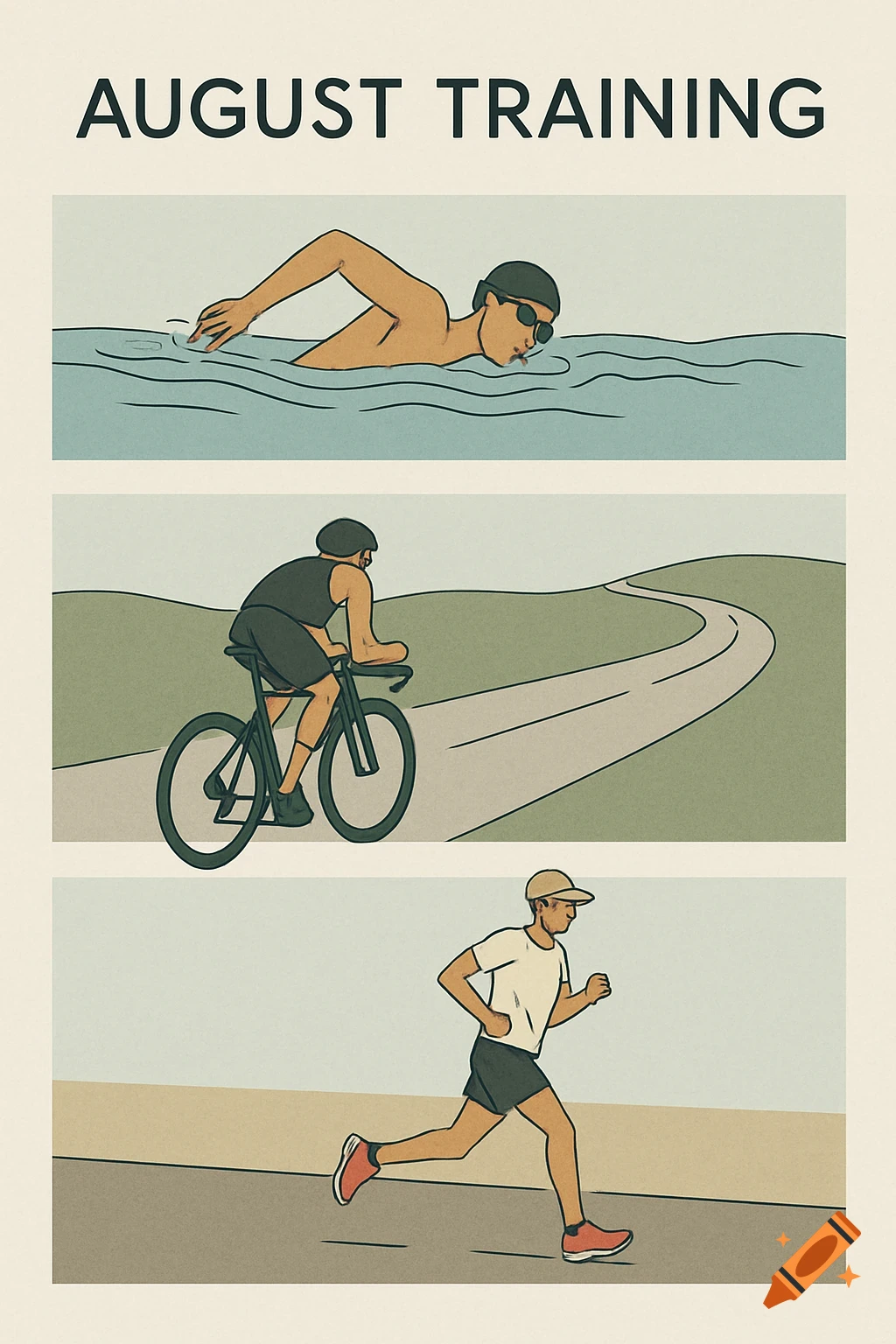 Minimalist illustration with three panels: a man swimming, a man cycling, and a man running, titled 'AUGUST TRAINING'.