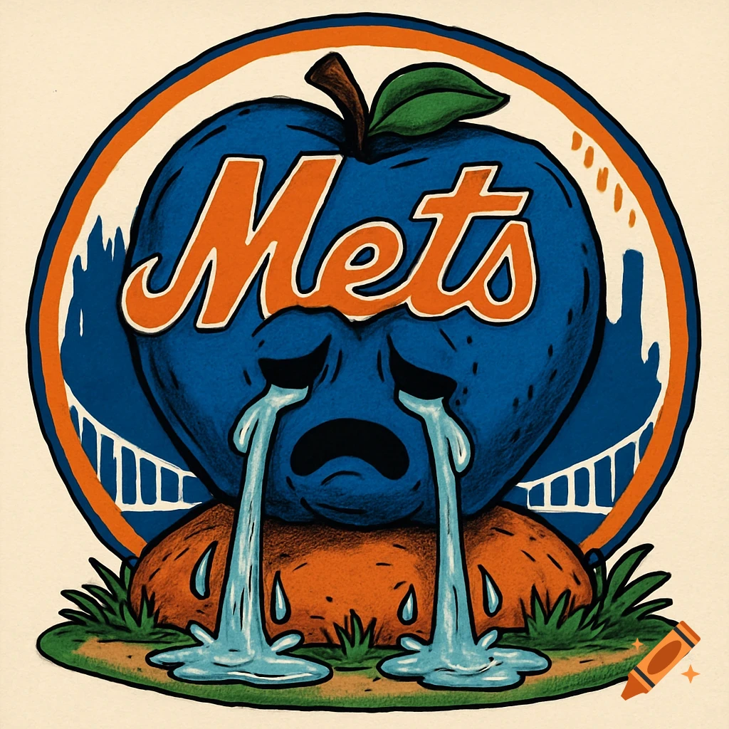 Cartoon illustration of a sad, fat blue apple with 'Mets' written on it, crying tears into a grassy mound, within an orange-rimmed logo.