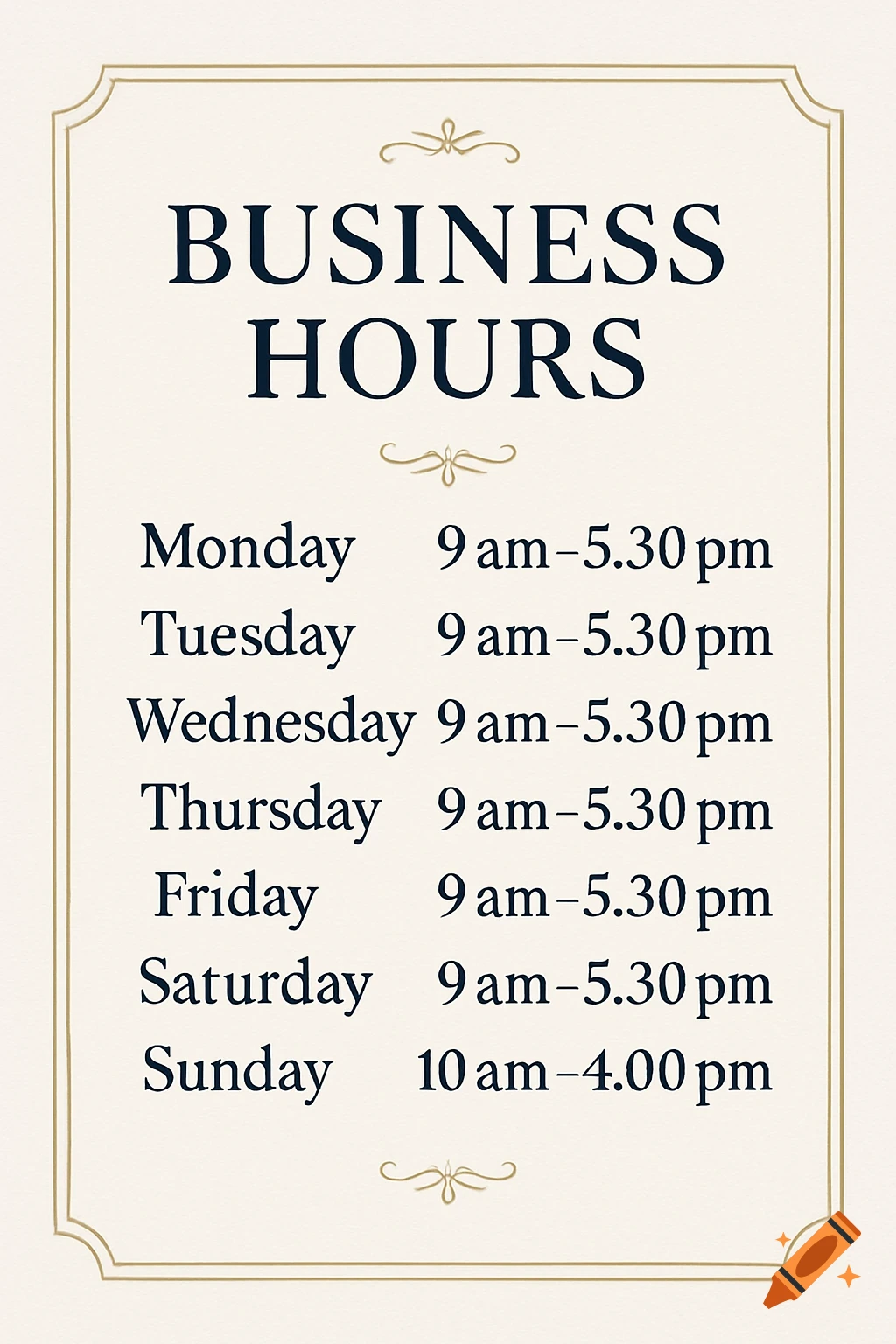 A white sign with a gold border listing business hours, Monday to Saturday 9am-5:30pm and Sunday 10am-4pm.