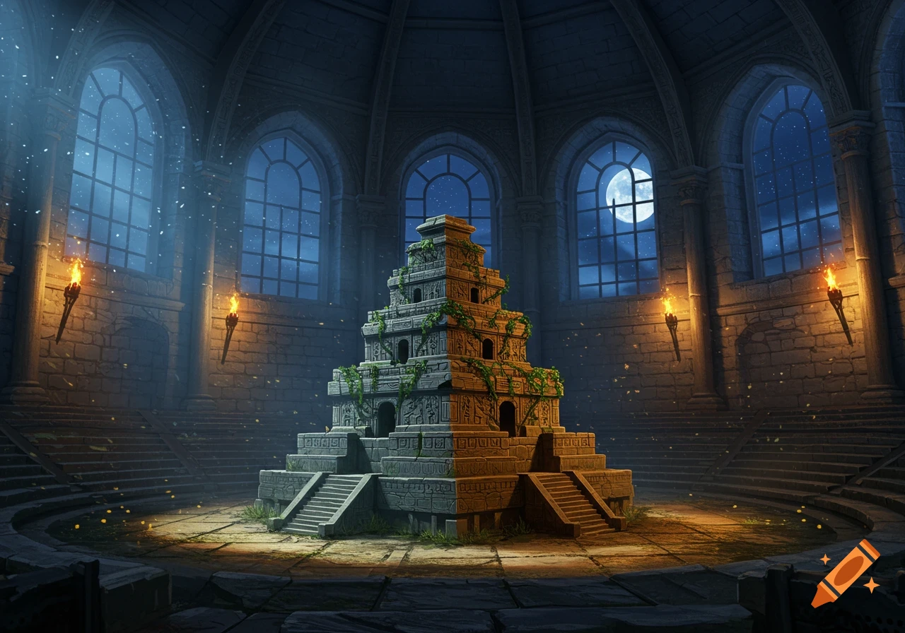 Ancient stone ziggurat in a grand, torchlit indoor amphitheater under moonlight.