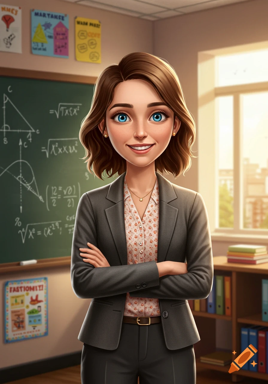 A friendly, smiling cartoon math teacher with brown hair and blue eyes stands in a classroom.
