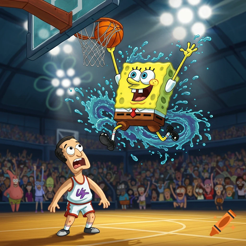 SpongeBob SquarePants dunks a basketball over a shocked cartoon man on a court, surrounded by a cheering crowd including Patrick Star.