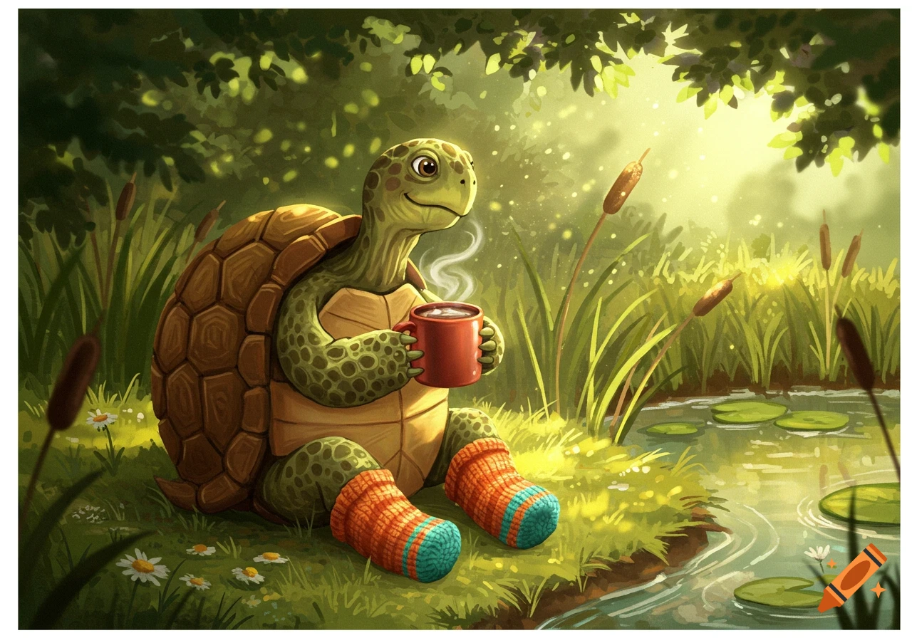 A cute cartoon turtle wearing orange and blue striped socks, holding a steaming red mug, sits by a pond in a sunny forest clearing.
