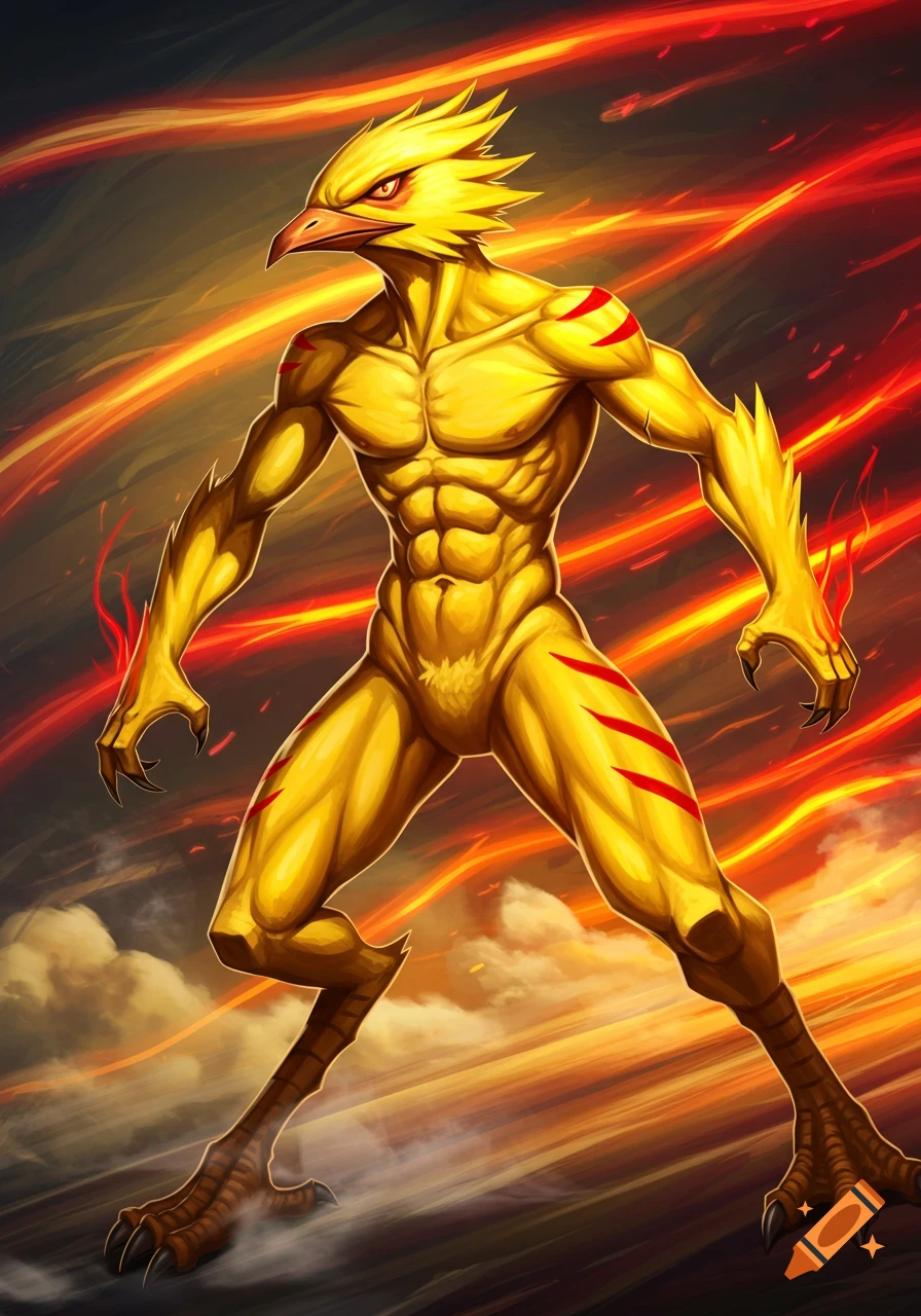 A muscular yellow humanoid bird-creature with red stripes stands in an action pose against a fiery background, in a digital art style.