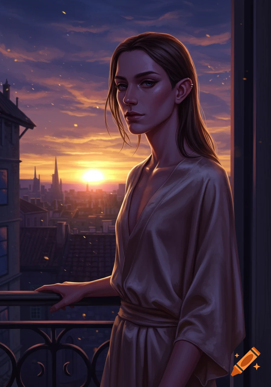 Digital painting of a woman in a robe standing on a balcony, overlooking a cityscape bathed in sunset light.