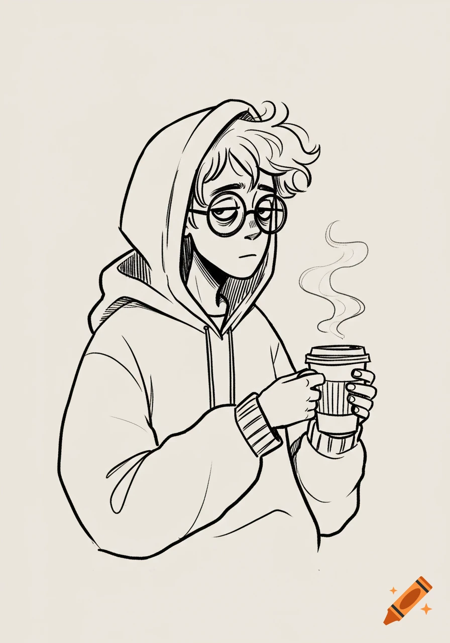 Black and white line art illustration of a person with messy hair, glasses, and a hoodie holding a steaming coffee cup.