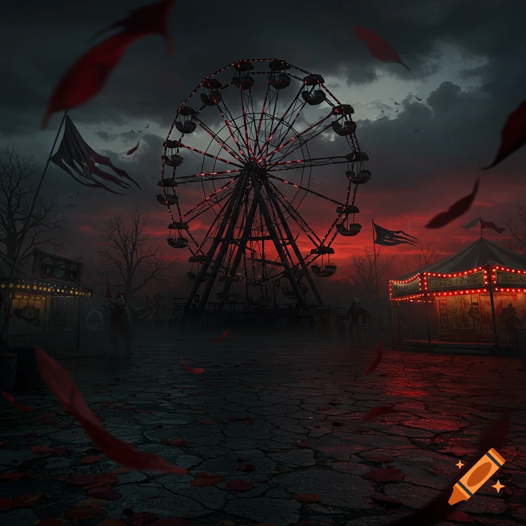 An eerie, abandoned carnival scene at dusk with a large Ferris wheel, carousel, and booths under a dark, red-tinged sky. Red leaves float in the air, and shadowy figures are barely visible.